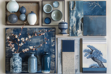 A moodboard for an interior design project with dark blue accents