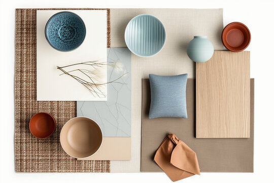 A minimal interior design moodboard with laminate oak wood ,teracotta, blue, accent