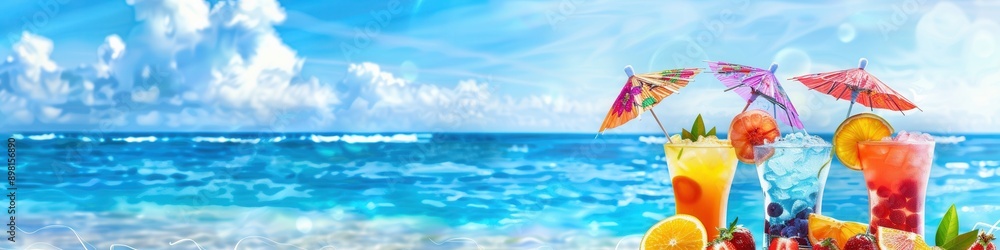 Aufkleber four colorful cocktails adorned with fruit and umbrellas sit on a beach with a blue ocean and white 