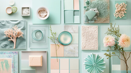 Interior design moodboard or material showcase in pastel colors