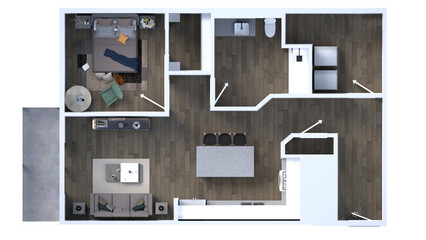 3d floor plan rendering for one bedroom ,kitchen, living , and Bathroom.