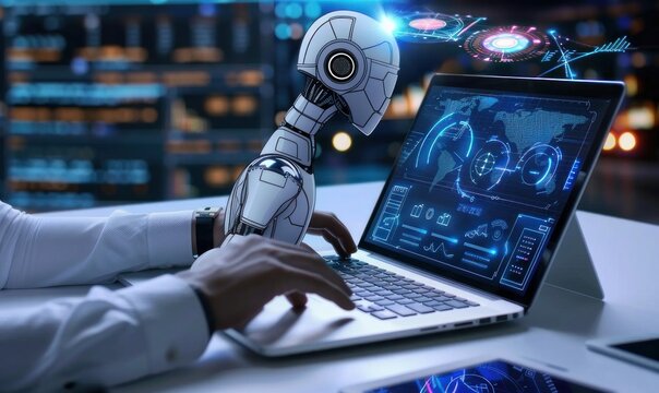 Artificial Intelligence AI Digitalant architect creating artificial intelligence web design with a virtual screen interface.