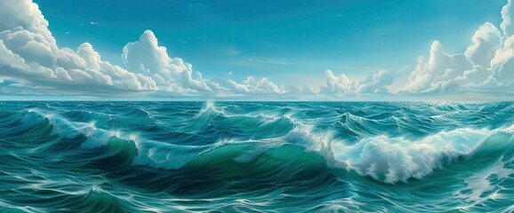Sea Oil Painting Of An Abstract Turquoise Seascape, Capturing The Serene And Vast Ocean