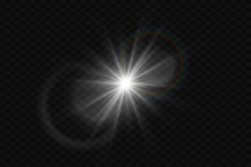 White light effect of explosion. Lens flare and stars with flare of light. On a transparent background.