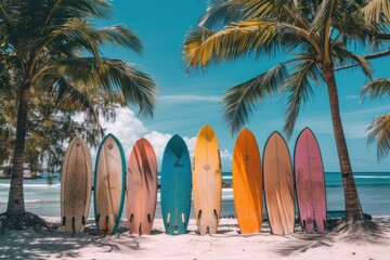 Colorful surfboards standing on the beach under palm trees.