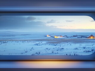 Winter landscape through train window shows snowy prairie with small cozy town at dusk. Snowy scenery reflects light from above creating soft glow. Perfect for travel agency and tours.