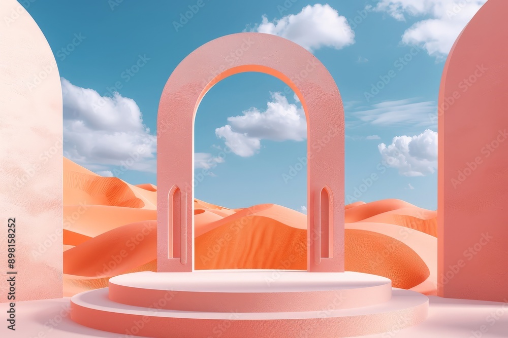 Aufkleber this image features a peach-colored arch standing in a desert with peach sand dunes, set against a c