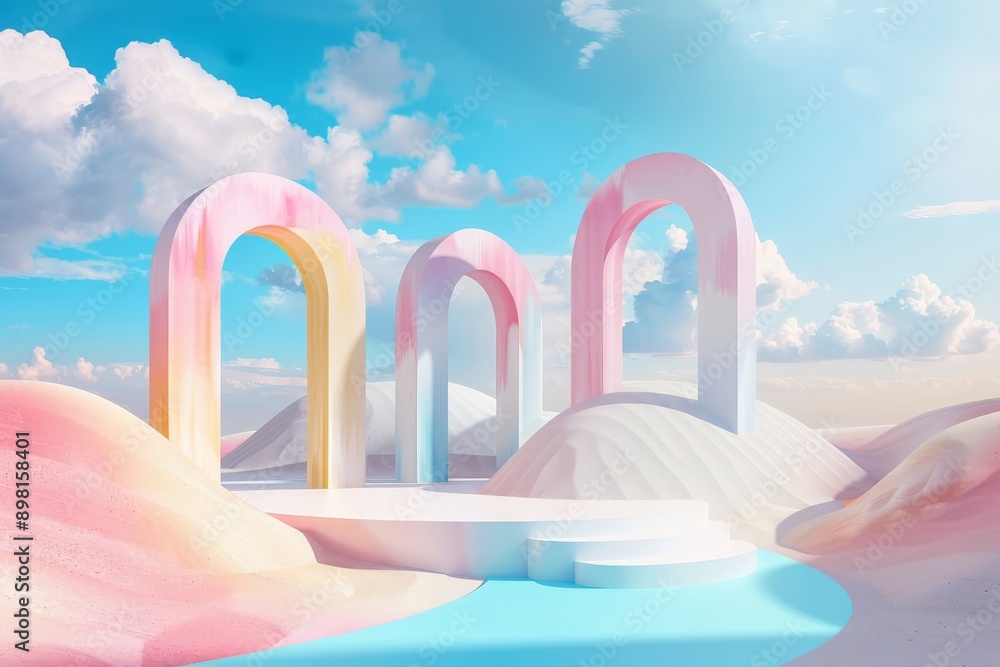 Poster this image depicts colorful arches and steps placed in a dreamy desert setting, with a bright blue s