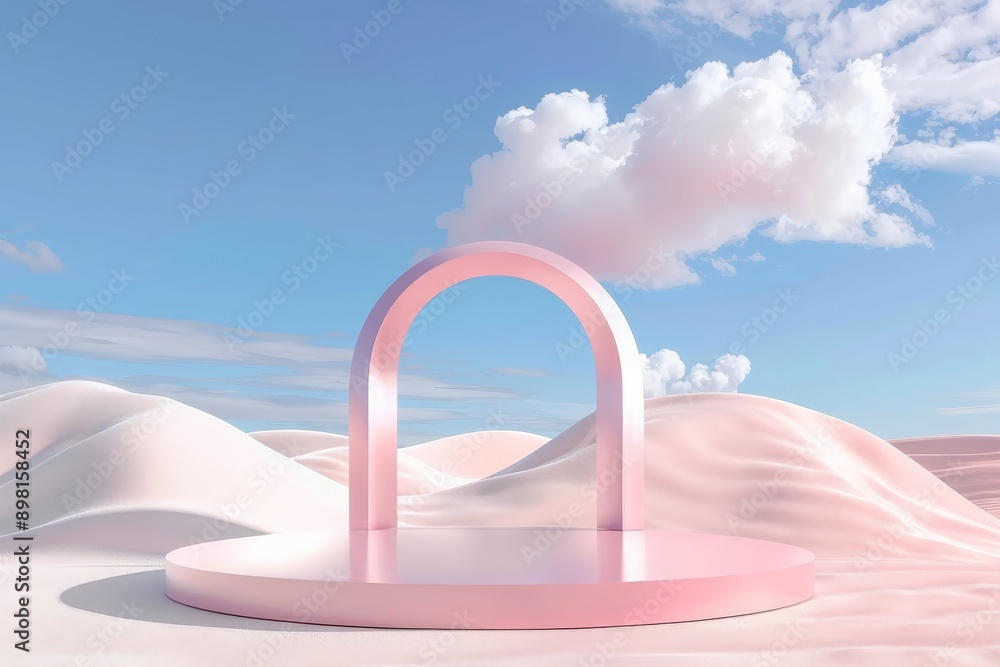 Poster this sleek image showcases a pink arch in a minimalist sandy landscape with gentle curves and a clea