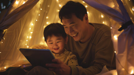 A father and son share a cozy moment in a blanket fort with fairy lights, using a tablet, emphasizing nighttime wellness and family bonding.