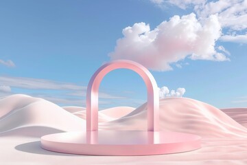 This sleek image showcases a pink arch in a minimalist sandy landscape with gentle curves and a clear sky, representing elegance and modern design within a peaceful environment.