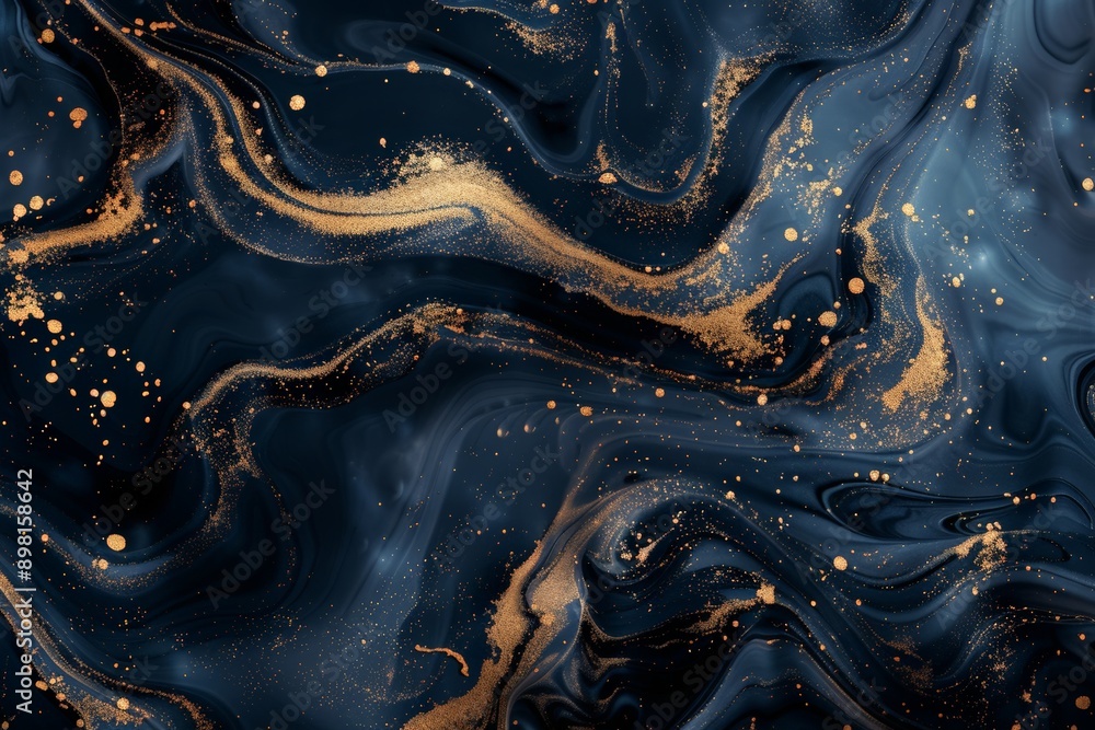 Poster a captivating dark blue and gold abstract liquid marble design, showcasing dynamic swirling patterns