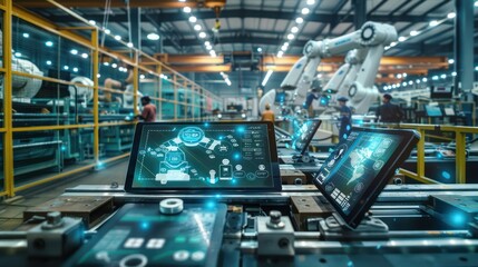 Fototapeta premium smart manufacturing hub where engineers monitor automated production lines and optimize operations using tablets and digital dashboards