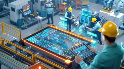 smart manufacturing hub where engineers monitor automated production lines and optimize operations using tablets and digital dashboards