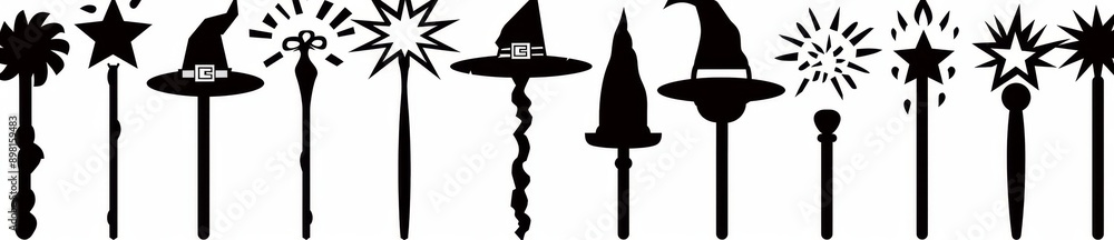 Poster symbols of magic and miracles. magic wand with star and wizard tool. wizard stick for apps and web s
