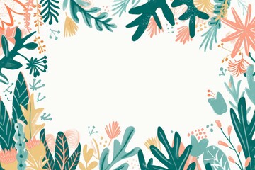 A vibrant and colorful botanical border featuring various leaves, flowers, and plants in shades of green, pink, and yellow, framing an empty white space in the center.