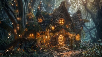 A beautiful woodland house with a whimsical design, glowing warm lights, and a moss-covered roof, surrounded by fairy-tale mushrooms and giving off an enchanting vibe.