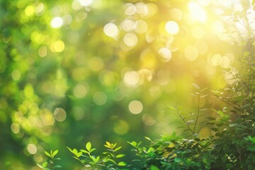 Obraz premium Beautiful blurred background of a natural summer forest with sunlight and bokeh effects.