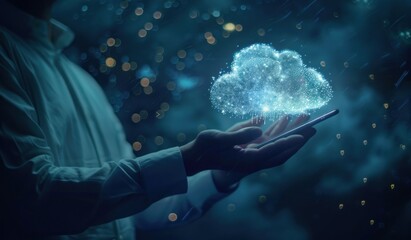 Businessman holding cloud technology with digital data and icons of network connection.