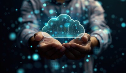 Businessman holding cloud technology with digital data and icons of network connection.