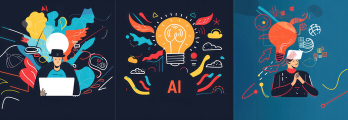 A set of three posters for  AI power Creative idea business solutions illustration.