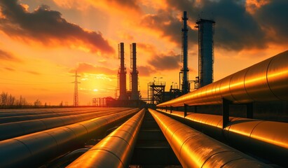  industrial oil and gas plant with giant pipes against a sunset sky background