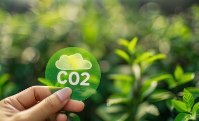 Hand holding round sticker with green cloud and CO2 symbol on blurred plant background eco concept.