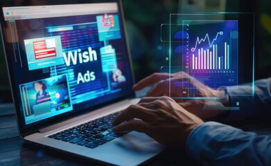 Fototapeta premium Businessman using a laptop with digital marketing data and an AI advertising.