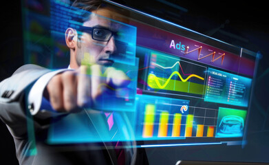 Businessman using a laptop with digital marketing data and an AI advertising.