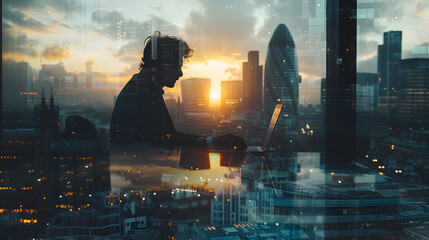 A silhouette of a man engrossed in work on a laptop, with the iconic London skyline in the background at sunset, highlighting urban life, technology, and modern work culture