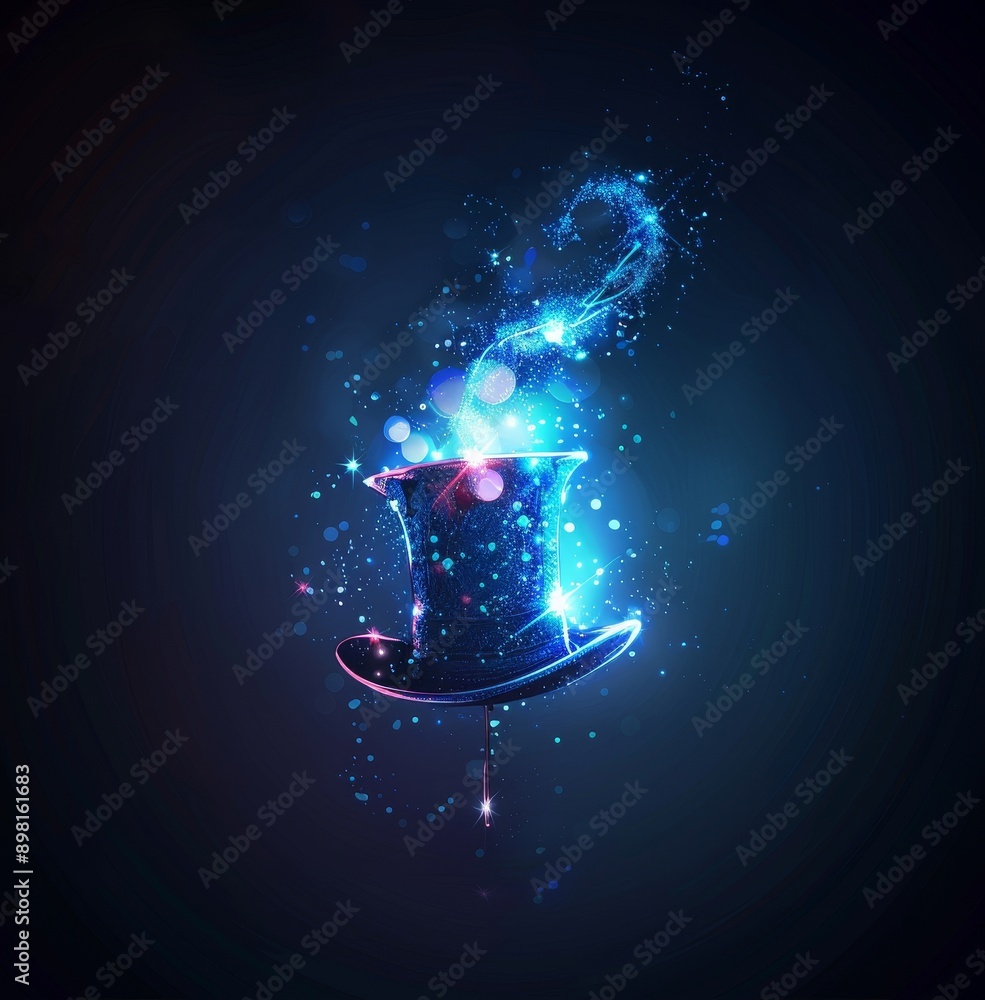 Poster the top hat of a magician at the circus is adorned with a magic wand with sparkles. the background i