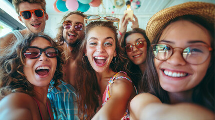 Fototapeta premium A group of friends smiles while taking a selfie at a summer party