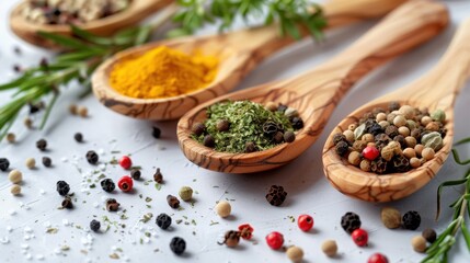 Mixed spices in wooden spoons with green herbs