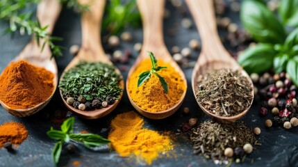 Mixed spices in wooden spoons with green herbs