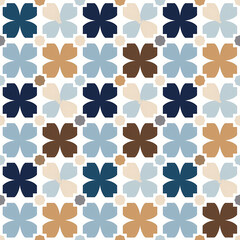 Fototapeta premium Geometric symmetrical seamless pattern in earth tones. Beige, blue, brown. For wallpaper, textile, ceramic, tile, branding, packaging, stationery. Moroccan tile