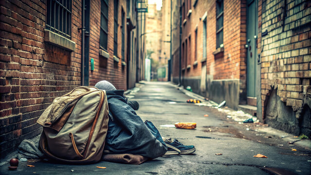 A deserted city alleyway with a worn-out backpack, torn blanket, and trash scattered around, symbolizing the struggles of a homeless teenager's harsh reality.