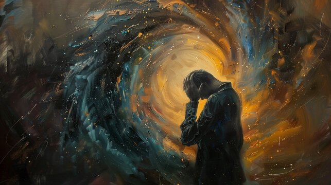 Dramatic abstract art, person in emotional distress or feeling intense emotions, landscape format with copy space for text or additions. Aspect ratio 16:9