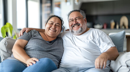 Cheerful overweight couple smiling widely while sitting close together on a couch, body positivity, relationships, and joyful moments.