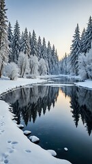 A serene winter landscape with snow-covered trees and a frozen lake, winter wonderland, peaceful, snowy, cold, tranquil, isolated, white, scenic, nature