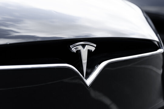 KIROV, RUSSIA - MAY 29, 2024 tesla logo, electric car, solar and clean energy, close up view, car dealer and manufacturer, global automobile manufacture