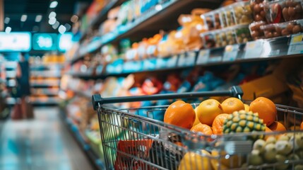 Shopping Cart in Supermarket Aisle