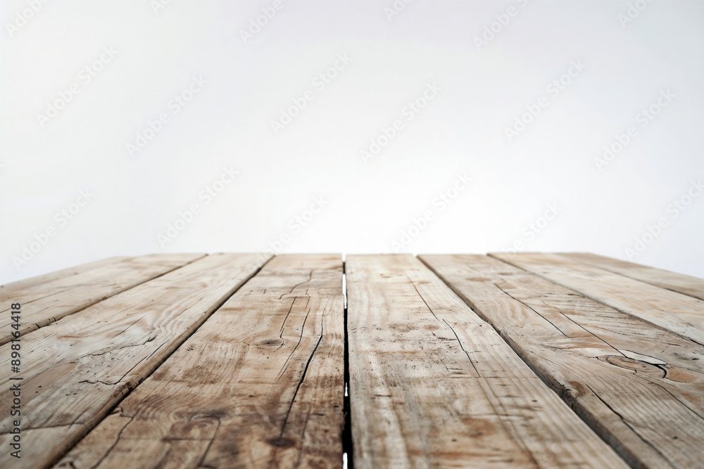 Poster empty rustic wooden tabletop on white background providing space for product placement