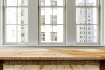 Fototapeta premium Empty wooden table presenting copy space in front of window