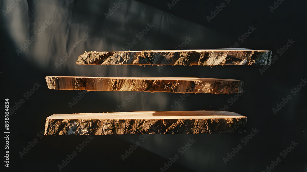 Poster on solid black background in hard sunlight, side view of four birch planks of equal size floating mi