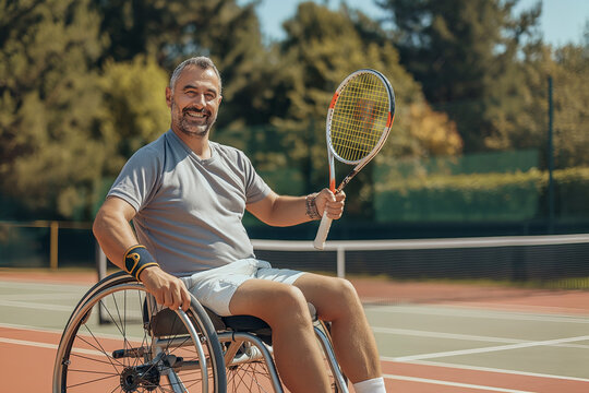 Happy man in wheelchair holding tennis racket on court, Smiling wheelchair athlete with tennis racket on court, promoting active lifestyle and adaptive sports
