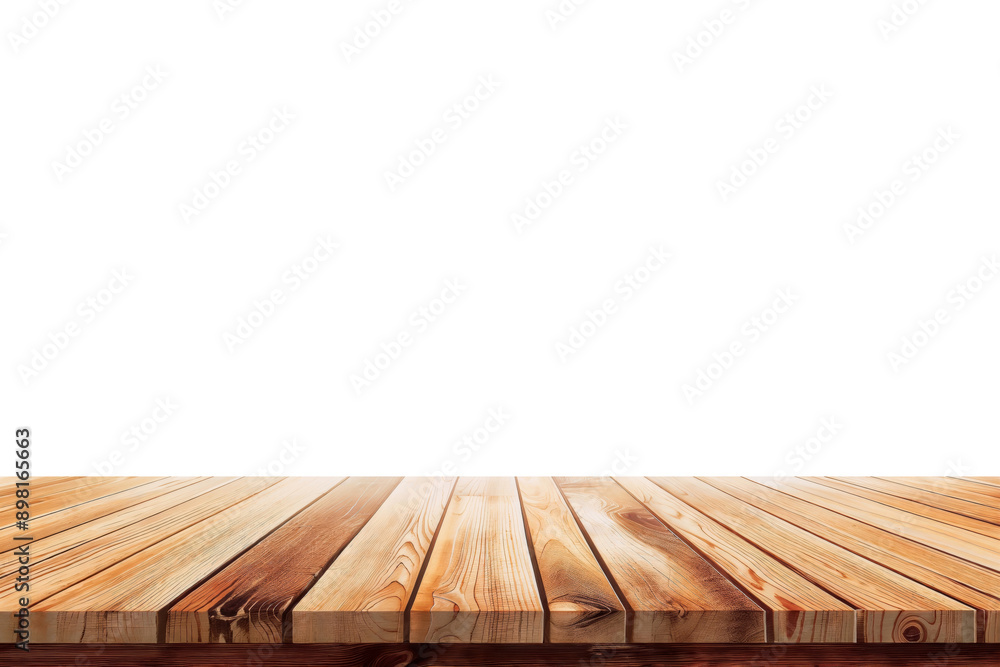 Poster empty wooden tabletop on isolated white background for product placement