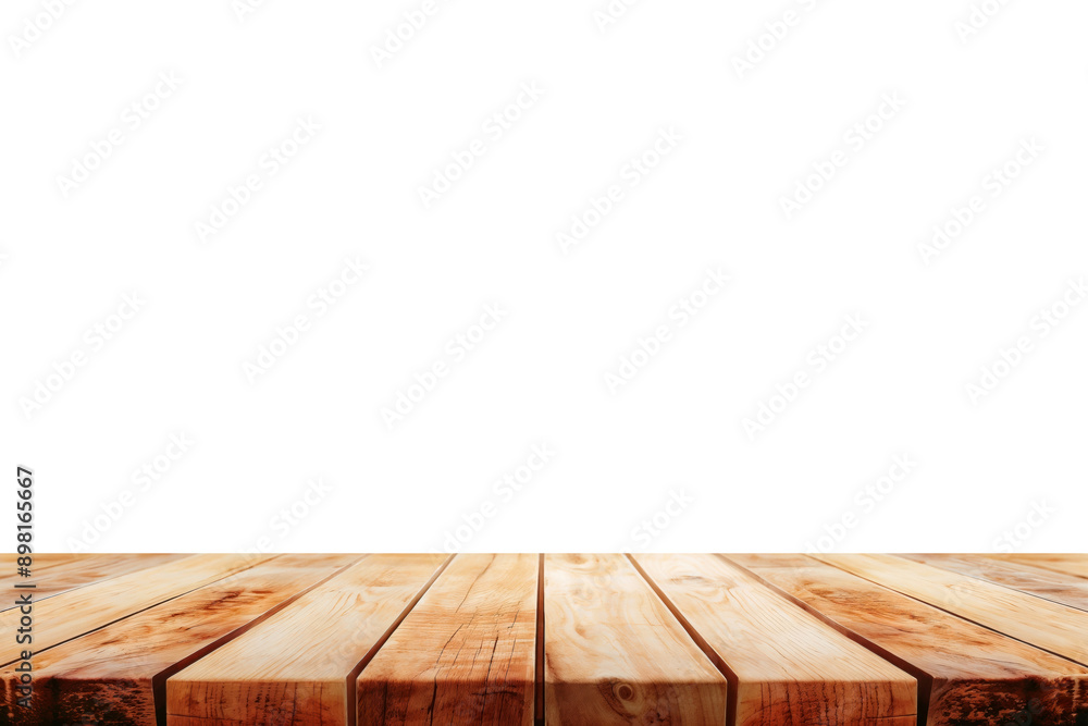 Poster empty wooden tabletop on isolated white background for product placement