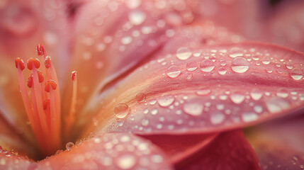 Fototapeta premium Macro shot of an astromeria flower with detailed hairs and dew drops. Pastel tones of pink, purple and white create a soothing atmosphere, giving a feeling of peace and unity with nature.