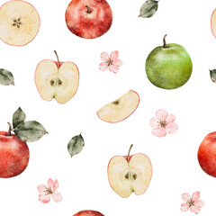 Seamless pattern of fresh red apples with leaves and flowers. Food texture. Repeating red, juicy apples whole. Watercolor Illustration fruit for juice pack, tablecloth, cover, apron, apple picking or