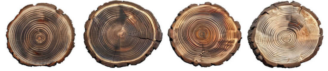 Four wood slices isolated on transparent background, top view, frontal view.